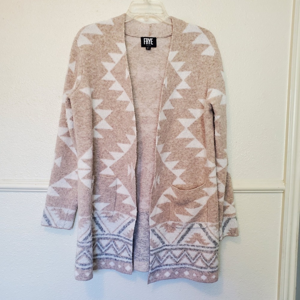 Frye Womens Southwestern Geometric Open Front Cardigan Sweater Tan Grey Medium